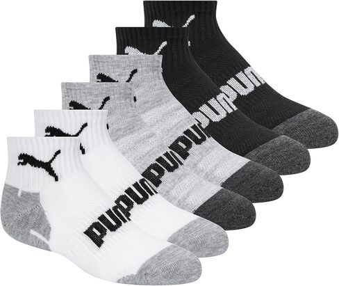 PUMA Boys' Big 6 Pack Quarter Crew Socks, Grey/Blue, 9-11 in Saudi Arabia