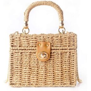 Handwoven Rattan vintage purse Bag Natural Chic Casual Handbag Beach Sea tote Basket Straw vacation Bag (Brown)
