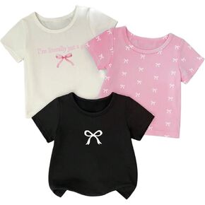 OYOANGLE Girl's 3 Pack Cute Bow Print Tee Shirts Short Sleeve Crew Neck Y2K Tee Tops