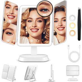 Lighted Makeup Mirror with 30X/10X/5X Magnification, Detachable Design for Travel, Rechargeable Trifold Mirror with 3 Color& Adjustable Brightness, Portable Makeup Mirror with Lights for Desk