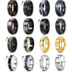 16Pcs Stainless Steel Band Rings for Men Women Stress Anxiety Relief Fidget Rings Black Cool Chain Spinner Rings Set for Wedding Promise Mens Rings Pack