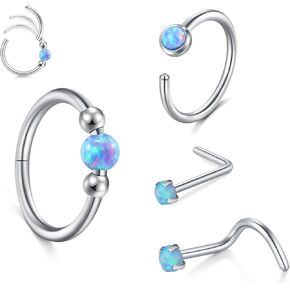 AVYRING Opal Nose Rings Hoops Set - 18g & 20g Nose Piercing Jewelry Surgical Steel Silver Nose Studs L Shaped Screw White Opal