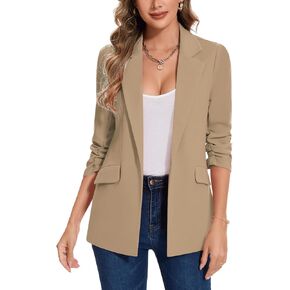 MINTLIMIT Blazer for Women Open Front 3/4 Ruched Sleeve Suit Jacket Notched Collar Casual Work Office Blazers with Pockets