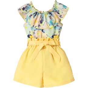 GORGLITTER Girl's Summer Outfits Sleeveless Floral Ruffle Blouse Top and Bow Tie Front Paperbag Shorts Sets