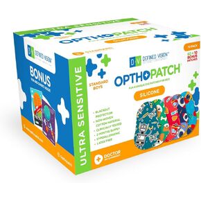 Opthopatch Eye Patches for Kids with Ultra Sensitive Silicone Adhesive, 70 Hypoallergenic Patches for Amblyopia & Lazy Eye, Cool Boy-Friendly Designs, 2 Rewards Chart Included by Defined Vision