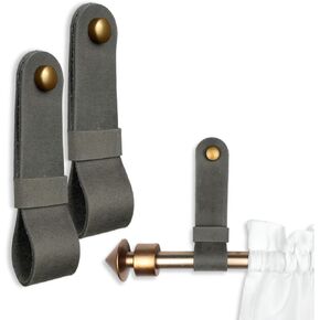 2 Pc Minimalist Design Leather Curtain Rod Bracket - Easy to Install Set of Universal Wall Hanging Strap Curtain Rod Holders with Screws and Plastic Wall Plugs - 4.8" x 1.2" (Cognac)