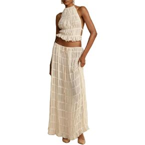 Women Y2k 2 Piece Maxi Skirt Set Lace Up Backless Tank Top Flowy Ruffle Long Skirt Outfits Going Out Streetwear (A Apricot, S)
