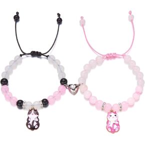 2Pcs Couple Friendship Bracelets Cute Kawaii Cartoon Cat Animal Heart Matching Bracelets Y2k Colorful Cat Glass Beaded Elastic Bracelet for Women Men Relationship Jewelry Gifts