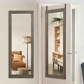 Over The Door Mirror for Wall or Door Mount, 44"x18" Full Length Mirror, Wooden Frame Rectangular Dressing Mirror Hanging with 2 Metal Hangers for Bedroom, Bathroom
