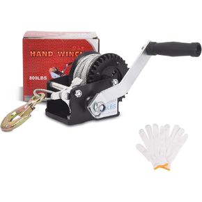 800lbs Boat Trailer Winch, Hand Winch with Gloves, Heavy Duty Hook with 33ft Steel Cable, Manual Operated Winch for Trailers ATV UTV Boat Marine