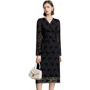 Women's Lace Floral V-Neck Dress with Puff Sleeves and Back Zipper, Elegant and Romantic Design