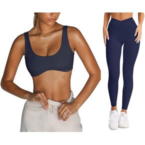 LASLULU Womens 2 Piece Outifits Navy Sports Bra + Navy Yoga Leggings-Size of Small