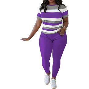 HBQ Women 2 Piece Outfits Summer Short Sleeve Stripe Tops and Bodycon Pants Tracksuits Biker Workout Jogger Sets 2XL