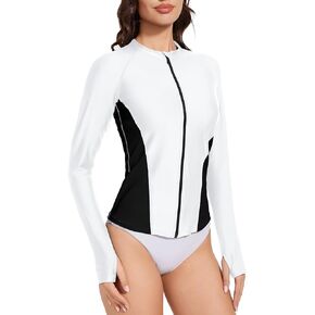 Rash Guard for Women Zipper Long Sleeve Swimsuits Full Coverage Swim Shirt Rashguard Tops Uv Water Shirts for Ladies