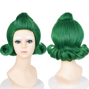 Probeauty Short Green Wig for Girls Kids, Child Costume Wig with White Eyebrow for Halloween Cosplay Party