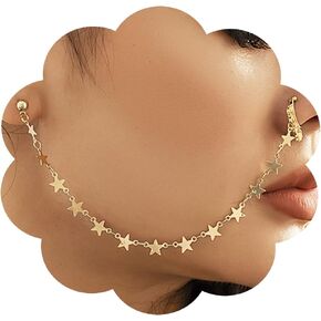 Punk Nose Ring to Ear Non Piercing Tiny Star Fake Nose Ring Dainty Dangle Nose Ring with Chain Bling Nose Chain Face Jewelry for Women