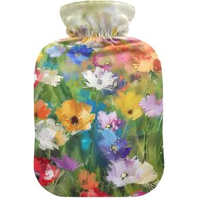 Retro Sage Green Red Floral Hot Water Bottle with Cover, 2Liter Soft Velvet Winter Warm Water Bag for Neck and Shoulder Pain Relief Period Cramps Bed Hand Feet Warmer