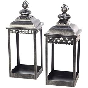 Napco Imports Set of 2 Vintage Design Candle Lantern 19 Inch Ivory Metal for Tabletop or Hanging Candle Not Included