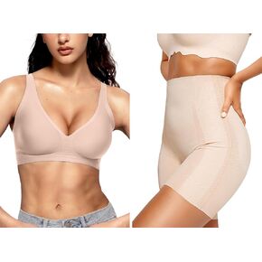 Vertvie Deep V Bra(Skin Color,M)+Shapewear Shorts(Nude,M)