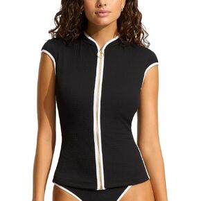 Seafolly Women's Short Cap Sleeve Zip Front Rashguard with Removable Cups