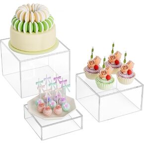 MaxGear 3 Pcs Acrylic Buffet Risers, Food Display Stand for Buffet Table, Dessert Cube Boxes with Hollow Bottoms for Party Food Display, Catering, 8"x9"x10", Clear