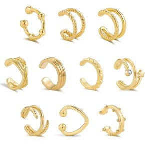 SLOONG 10pcs الأذن الأذن براقة حزمة الذهب اللبن الحلزون القائد Huggie Stud Cuff Strains for Women Onring Set | مقطع على الغضروف غير مثقوب