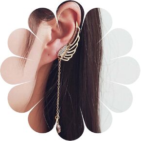 Andelaisi Boho Crystal Wing Cuff Cuff أقراط خمر جناح الجناح الأوجه الغضروف بأقراط Gold Wing Cz Chain Dangling Accoring No Piercing Clip Molerings Jewelry for Women