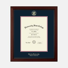 Liberty University School of Education 13" W X 17" H Diploma Frame - Fits a Master's and Phd - Gold Embossed Diploma Frame - Cherry Moulding with Navy and Red Matting - Officially Licensed
