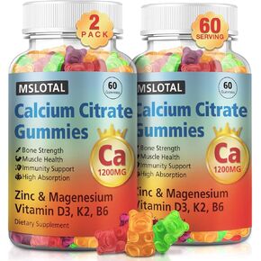Calcium Citarte Gummies, Calcium 1200mg with Vitamin D3, B6, B12, Magnesium Zinc Calcium Supplements for Women and Men, Support Bone & Muscle Health, 120 Chews