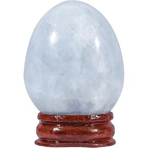 Sportmusies Natural Blue Celestite Stone Egg with Wood Stand, Polished Reiki Stone Egg Figurine Decoration for Home Desk Meditation, 2-2.36 inches