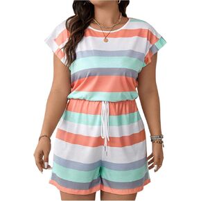 WDIRARA Women's Plus Size Colorful Striped Romper Drawstring Short Jumpsuit