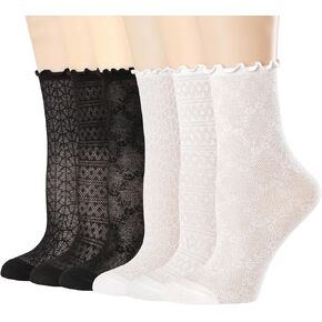 Mcool Mary Women's Ruffle Socks Mesh Cool Casual Lace Cotton Crew Summer Ultra Thin Frilly Ankle Socks for Women 6 Pairs