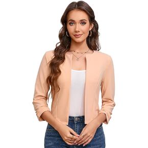 BLUEMING Women’s Open Front Crop Blazer 3/4 Ruched Sleeve Slim Fit Solid Jacket Lightweight Cardigan