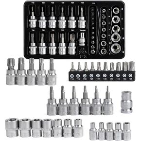 Topline 34-Piece 1/4"& 3/8" Drive E-Torx Socket Set and Torx Bit Socket Set, with Storage case, Premium CR-V Steel, E4-E20, T10-T60, Star Socket Set for Mechanic and Home Repair