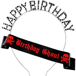 Zeyune 2 Pcs Gothic Birthday Decorations Ghoul Sash with Headband for Girl Women Goth Spooky Emo Horror Party Decor Accessories Halloween Birthday Decorations(Silver)