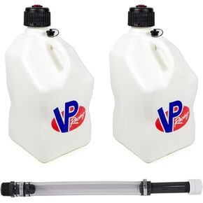 VP Racing 3522-CA, 5.5-Gallon Square Motorsport Jug White (2 Pack) w/ 15" Deluxe Hose (1 Pack) Close-Trimmed Cap and Neck for Tight Seal