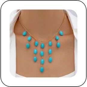 Punk Bead Turquoise Pendent Necklace Gold Turquoise Oval Necklace Gemstone Tassel Choker Blue Stone Collar Jewelry for Women