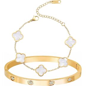 18K Gold Plated Four Leaf Clover Bracelet Bangle Set for Women Stack Bracelets Bangle for Love Trendy Jewelry Gifts for Women
