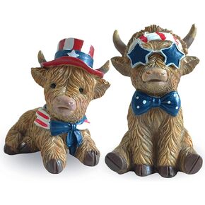 4th of July Decorations Highland Cow Figurines Patriotic Decoration, 2Pcs Cute Highland Cow Statues for Memorial Day, Independence Day Home Decor