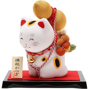 Lucky Beckoning Cat with Six Gourds - Wealth, Prosperity & Good Health, Traditional Japanese Home & Office Decor, Unique Gift & Feng Shui Charm - White