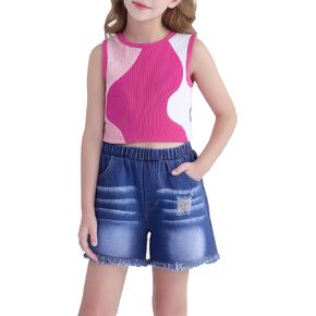 YOURUIKER Girls Summer Outfit Kids Sleeveless Cute Tank Crop Top Pocketed Demi Jeans Set Tween Girl Preppy Clothes Size 5-12Y