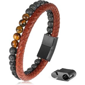 LUXEJEW Gifts for Men - Mens Bracelet, Beaded Leather Bracelets for Men 6mm Tiger Eye Lava Rock Stone Handmade Bracelets Adjustable Stainless Steel Magnetic Clasp Mens Jewelry Gifts