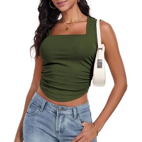 Women's Square Neck Ribbed Crop Tank Top Ruched Sleeveless Summer Top, Fitted Going Out Top, Thick Strap