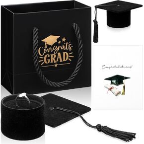 2.8 Inch Graduation Cap Ring Box with Graduation Gift Bag and Congratulations Card Velvet Ring Organizer Case Jewelry Storage Box for 2025 Graduation Gifts Celebration Party Supplies(Black)