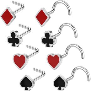 BodyAce Poker Nose Rings 20G Nostril Studs, Stainless Steel Nose Stud l Shaped Nostril Ring, Casino Corkscrew Nose Piercing Playing Cards Jewelry