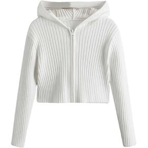 OYOANGLE Girl's Ribbed Knit Hoodie Zip Up Long Sleeve Hooded Sweatshirt