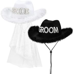 Geyoga 2 Pcs Bride Cowgirl Hat with Veil Feathers Black Groom Cowboy Hats for Wedding Bridal Shower Decor Gifts
