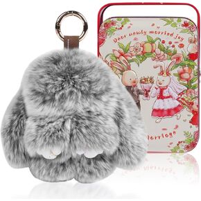 Bunny Lulu Cute Keychain with tin, Handmade Plush Bunnylulu Keychain accessories for women, Soft Bunny Pompom Keychain Gift