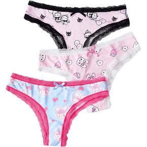 Women's 3 Pack Cute Thongs Cartoon Print Lace Trim Panties Triangle Kawaii Mid Rise G-String Underwear Briefs