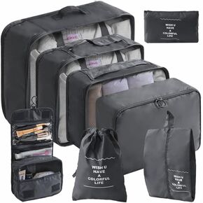 8-Piece Travel Packing Cubes Set, Luggage Organizers with Toiletry Bag, Shoe Bag, Cosmetic Storage, Black
